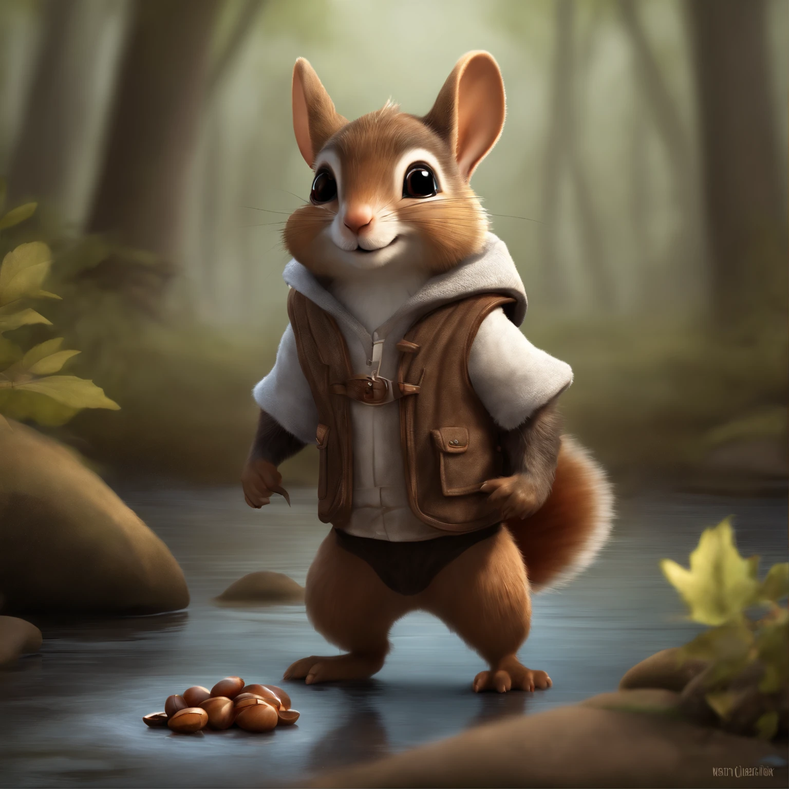 (CBZBB:1.25), ((gremlin),Zhkute, , Beautiful, Fantasy art, deviant art, trending artstation, Digital Art, Detailed, Realistic, humanoid, character, tiny, Cinematic shot, Cinematic portrait of a fantastic cartoon squirrel , wear a vest with a hood, gremlin, squirrel-like , wear a vest with a hood, bright silver and sob, big fluffy tail, Large tasseled ears, covered with silver fur, water, stands on the shore, Best Quality, Masterpiece, in style of dark fantasy art, gremlin, squirrel-like, bright silver and brown, Big fluffy tail, cute nose, huge ears with tassels, covered with silver fur, wear a brown vest, tousled, five toes on each paw, holding a huge acorn in his paws, I'm standing in a forest clearing under the foliage of bast., acorns lie in the clearing, acorns glow, Crickets fly, Best Quality, Masterpiece, in style of dark fantasy art, fantasy-inspired, in the style of John Tolkien,