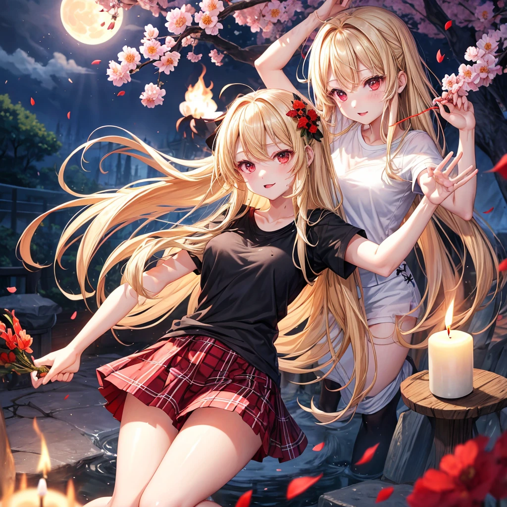 a blond、red eyes、one good looking girl、animesque、lightly dressed、Plaid miniskirt、flower petals、bare-legged、wetting hair、Black T-shirt、fullmoon、large tree、candle fire、fire flame