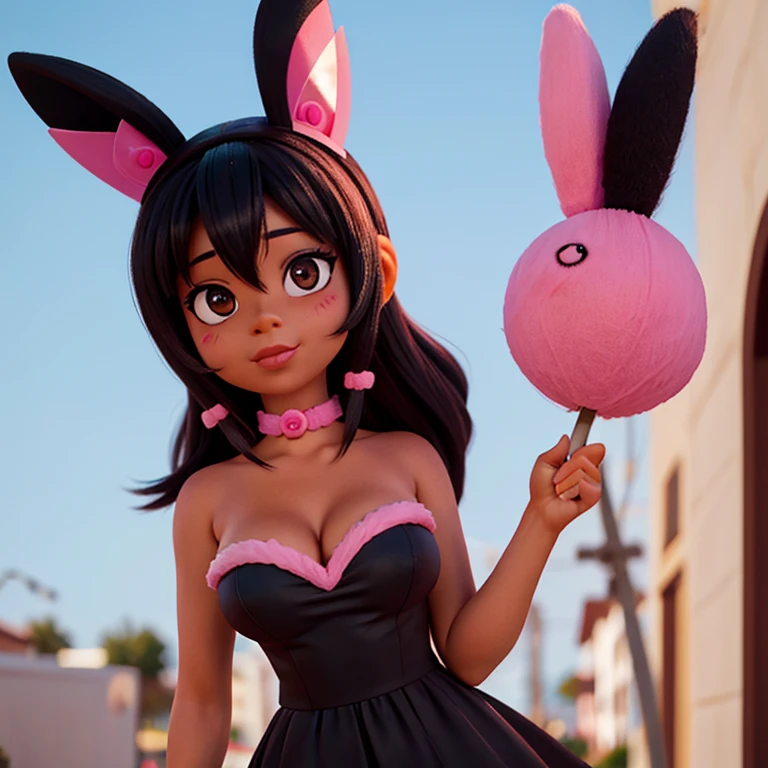 Garota de pele negra, black and medium hair with pink highlights,olhos da cor rosa,with furry pink bunny ears accessories.