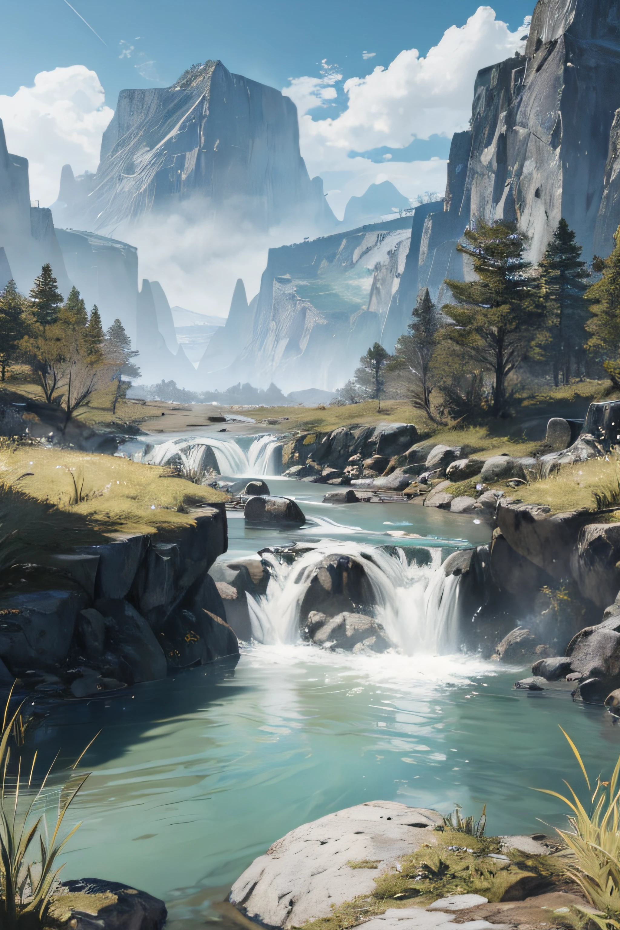 there is a mountain with a river running through it, unreal engine 5 environment, unreal engine 5 highly rendered, unreal engine 5 hdr, hdr render in unreal engine 5, unreal engine 5 4 k uhd image, unreal engine 5 quality render, unreal engine 5 renderered, unreal engine 5 rendered, rendered in cryengine, unreal engine 5 8 k rendering