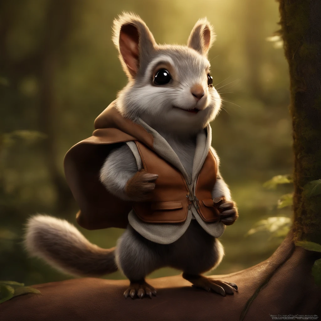 (CBZBB:1.25), ((gremlin),Zhkute, Small, baby, Beautiful, Fantasy art, deviant art, trending artstation, Digital Art, Detailed, Realistic, humanoid, character, tiny, Cinematic shot, Cinematic portrait of a fantastic fantasy squirrel , wear a vest with a hood, gremlin, squirrel-like , wear a vest with a hood, bright silver and sob, Big fluffy tail, Large tasseled ears, covered with silver fur, water, stands on the shore, Best Quality, Masterpiece, in style of dark fantasy art, gremlin, squirrel-like, bright silver and brown, Big fluffy tail, cute nose, huge ears with tassels, covered with silver fur, wear a brown vest, tousled, five toes on each paw, holding a huge acorn in his paws, I&#39;m standing in a forest clearing under the foliage of bast., acorns lie in the clearing, acorns glow, Crickets fly, Best Quality, Masterpiece, in style of dark fantasy art, fantasy-inspired, in the style of John Tolkien,