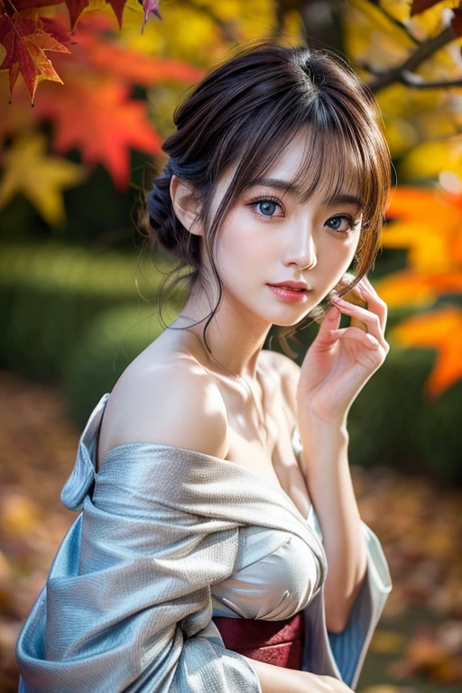 (masutepiece:1.3, Photorealsitic:1.4, 8K), top-quality, masterpiece, 超A high resolution, Professional camera work, Grow Light Effect, Realistic portrait, Cinematic Light, Highly detailed skin and facial texture:1.3, Perfect dynamic composition, The ultra-detailliert, A detailed eye, Detailed limbs, autumn night, Lit up, Autumn foliage scenery:1.2, 1girl in, Cute sexy 24 year old slim woman, Fair skin, Autumn leaves are dancing:1.2, (Enraptured look:0.9, Totally captivates you:1.0), (Silver kimono:1.35 off shoulder), (voluptuous breasts:0.9), (Backshots, Calm pose), (Beautiful blue eyes, Eyes that feel beautiful eros:0.85), Sexy face:0.4, (A mouthfeel that feels beautiful eros:0.85), ((Too cute beauty:0.9))