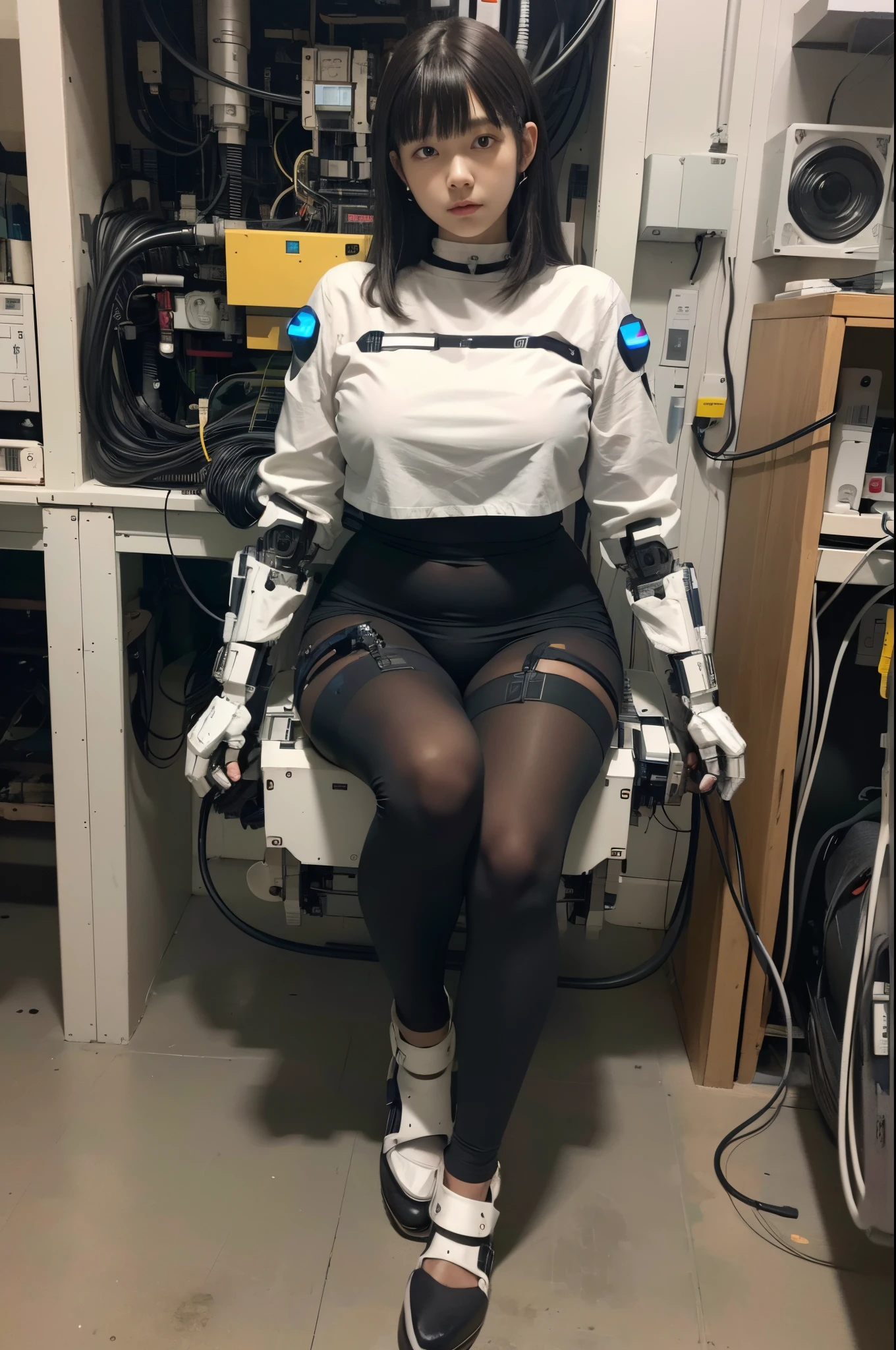 masterpiece, best quality, extremely detailed, (photorealistic:1.4), (RAW photo) (RAW photo) (8K, 4K, Best Quality, hight resolution, 超A high resolution:1.1), (masutepiece, Realistic, Photorealsitic:1.1), 1girl in, Japaese Cyborg girl,Plump , control panels,android,Droid,Mechanical Hand, Robot arms and legs, Black Robot Parts,Black hair,Mechanical body,Blunt bangs,White robotics parts,perfect robot girl,future laboratory,cyber pank,charging spot,laboratory,long tube,thick cable connected her neck,ceramic body ,mechanical body, ear antenna,mechanical ear cover, leggings,mechanical costume,android,robot,humanoid,cyborg,japanese teenager android ,mechanical chest,she has been repaired,