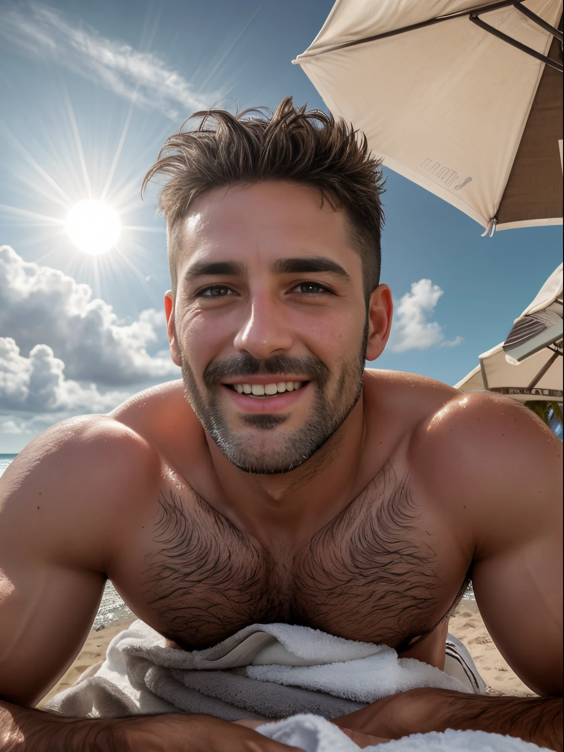 masterpiece, best quality, high resolution, closeup portrait, male focus, two men, two guys, 2 gay guys, 40 years old, grey hair, in speedo, two men, laying on the same towel in the sand, 2 men hugging and touching and laughing, romantic and sexual, grey silver hair, messy hairstyle, cute and seductive face, bare chest, body hair, facial hair, pale skin, sun freckles, roman nose, very skinny body, hairy legs, cute, dimples, scruffy beard, very hairy armpits, bold jawline , sweaty, in the background a beach on a cloudy day, view from below, amazing composition, front view, HDR, ultra quality, elegant, highly detailed