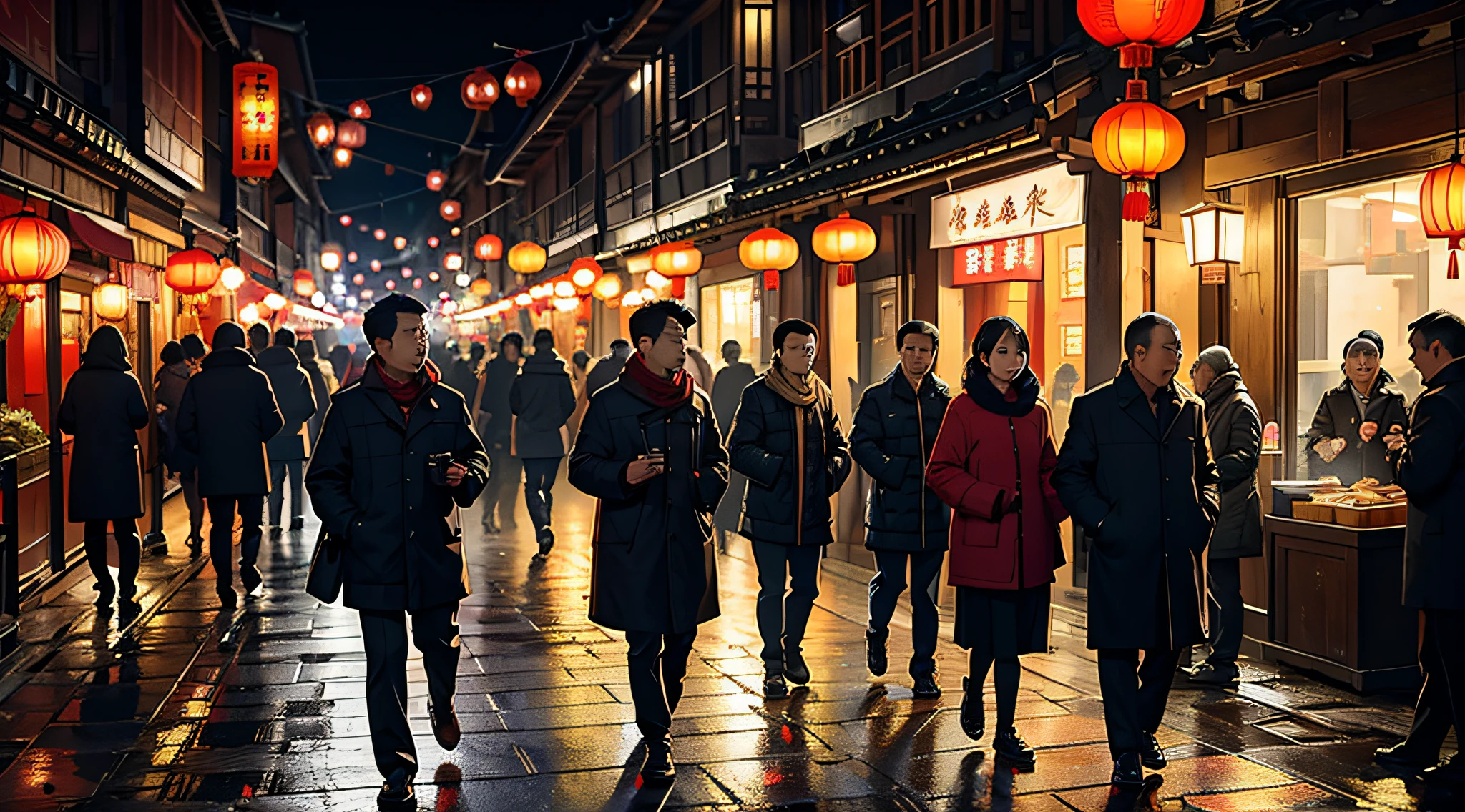 Chinese New Year'tag,The small street in the yard is dimly lit,The light is yellowish,gentleman, femele, Young and old gather together to go shopping