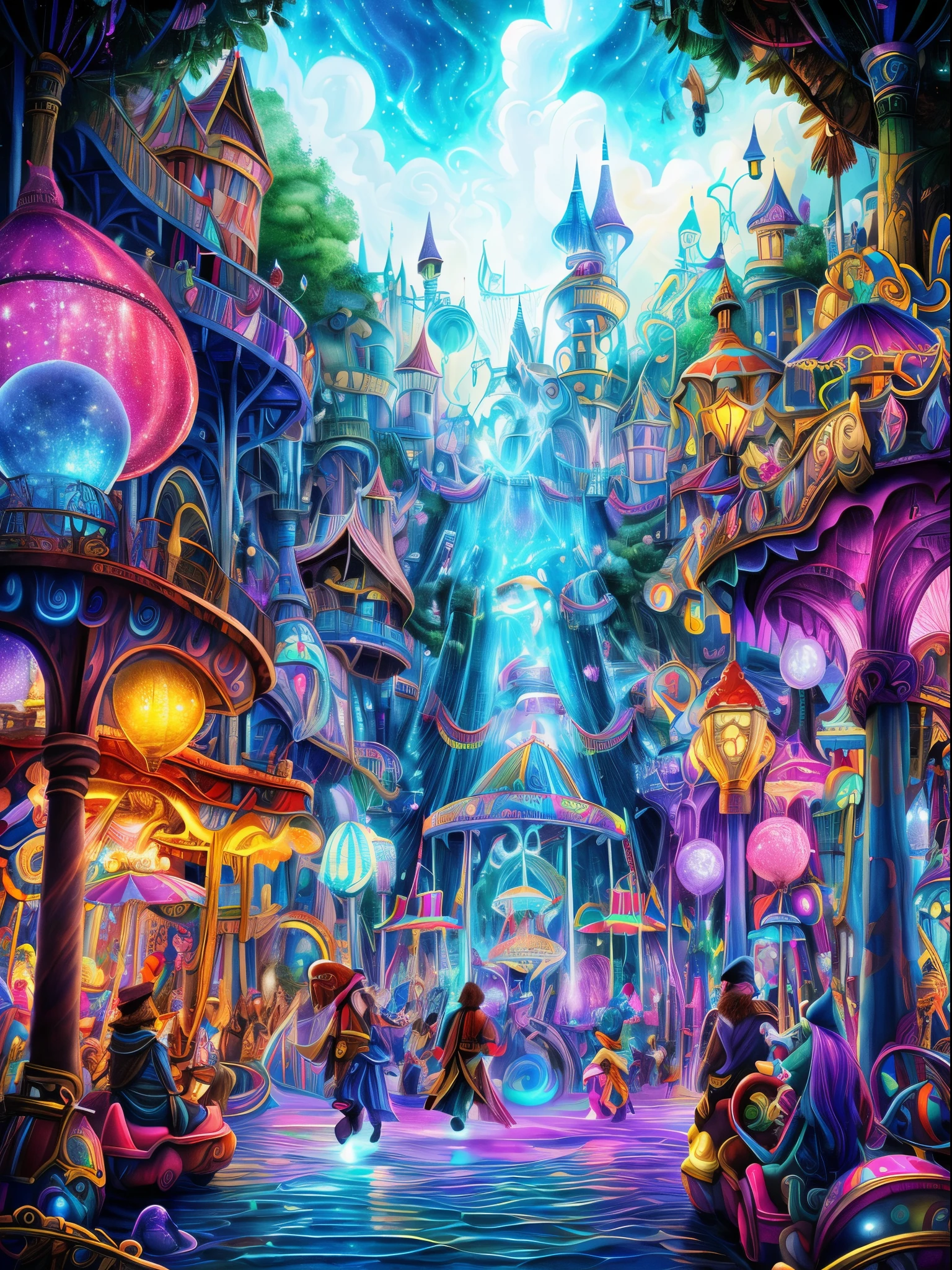 (Best quality, 8K, A high resolution, tmasterpiece:1.2), ultra - detailed, (actual, realistically:1.37), vibrant with colors, Magical atmosphere, Whimsical, ((disney pirate theme park, pirates of the caribbean，fountain and carousel, Lively Pirate Town Park, Beautiful fairy neon colors, Medieval Fantasy Town Theme Park, Magical neon colors and atmosphere, concept art magical highlight, magical concept art, Fantasy style, Magical fantasy，The content is very detailed, disney theme park, magical colors and atmosphere, An amusement park, roller coasters, pirate ships, bumper cars, he Ferris wheel, waterpark)), Surreal, Psychedelic, Complicated details, Beautiful texture, Ethereal, like a dream, Soft glowing light, Charming Patterns, Fantasy creatures, Hidden surprises, dreamlike landscapes, Surreal color palette, Mystic aura, ultra-realistic realism, Enchanting journey, psychedelic trip, vivid imagination, immersive experience, mysterious creature, otherworldly charm, glowing paths, Light up the Magic Theme Park, surreal sky, Whimsical theme park, a magical encounter,Fascinating artwork