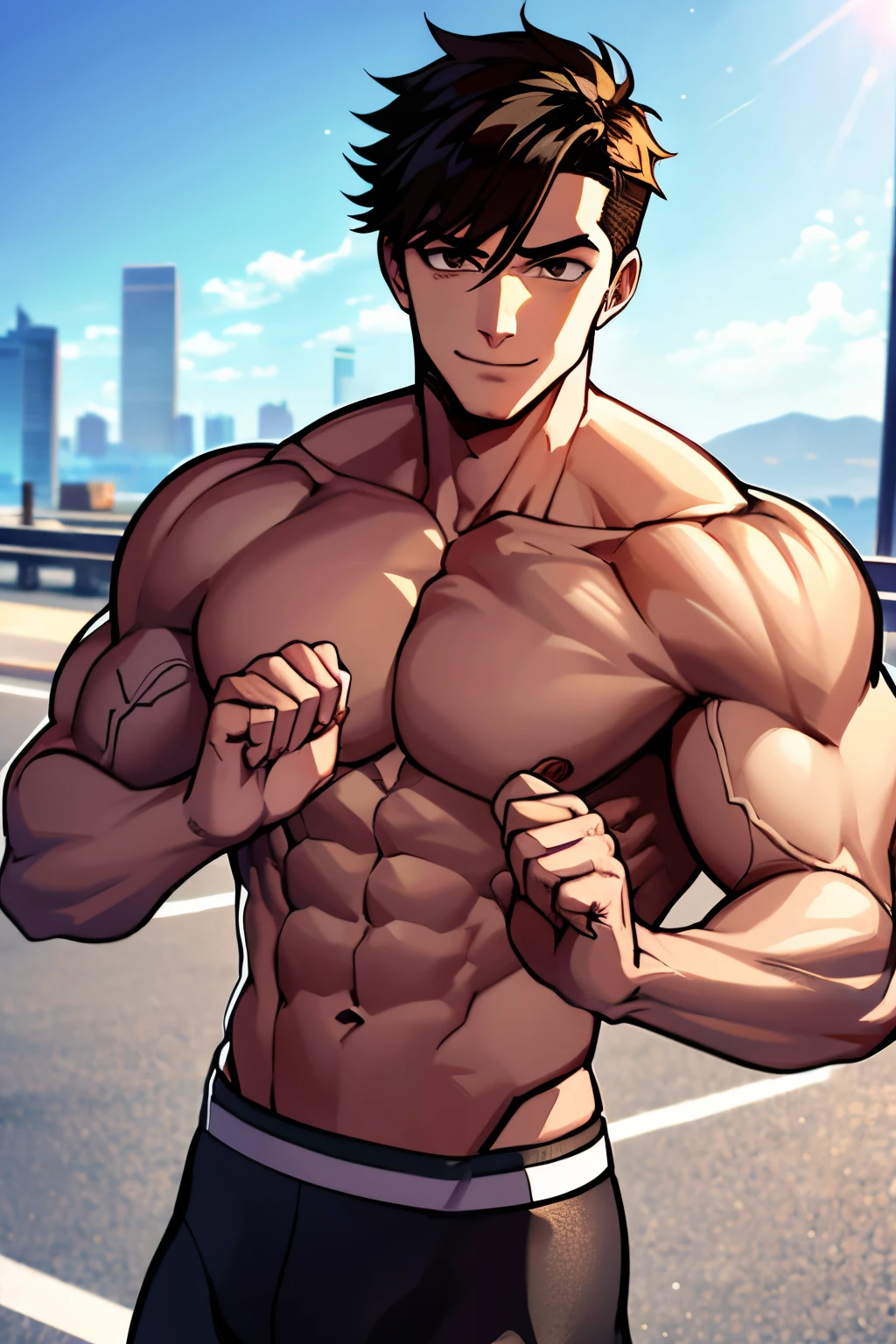 A young man with a strong, muscular body runs on the road.