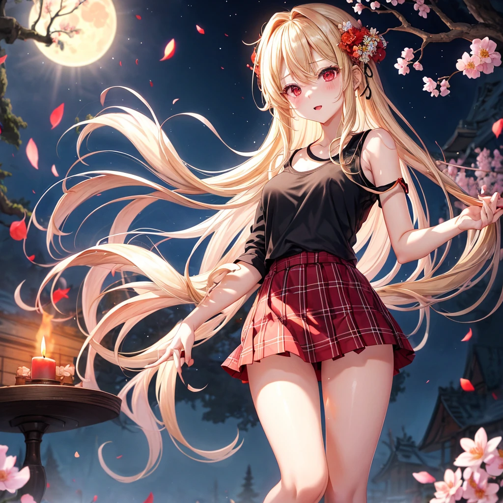 a blond、red eyes、one good looking girl、独奏、animesque、lightly dressed、Plaid miniskirt、flower petals、bare-legged、wetting hair、Black T-shirt、fullmoon、large tree、candle fire、fire flame