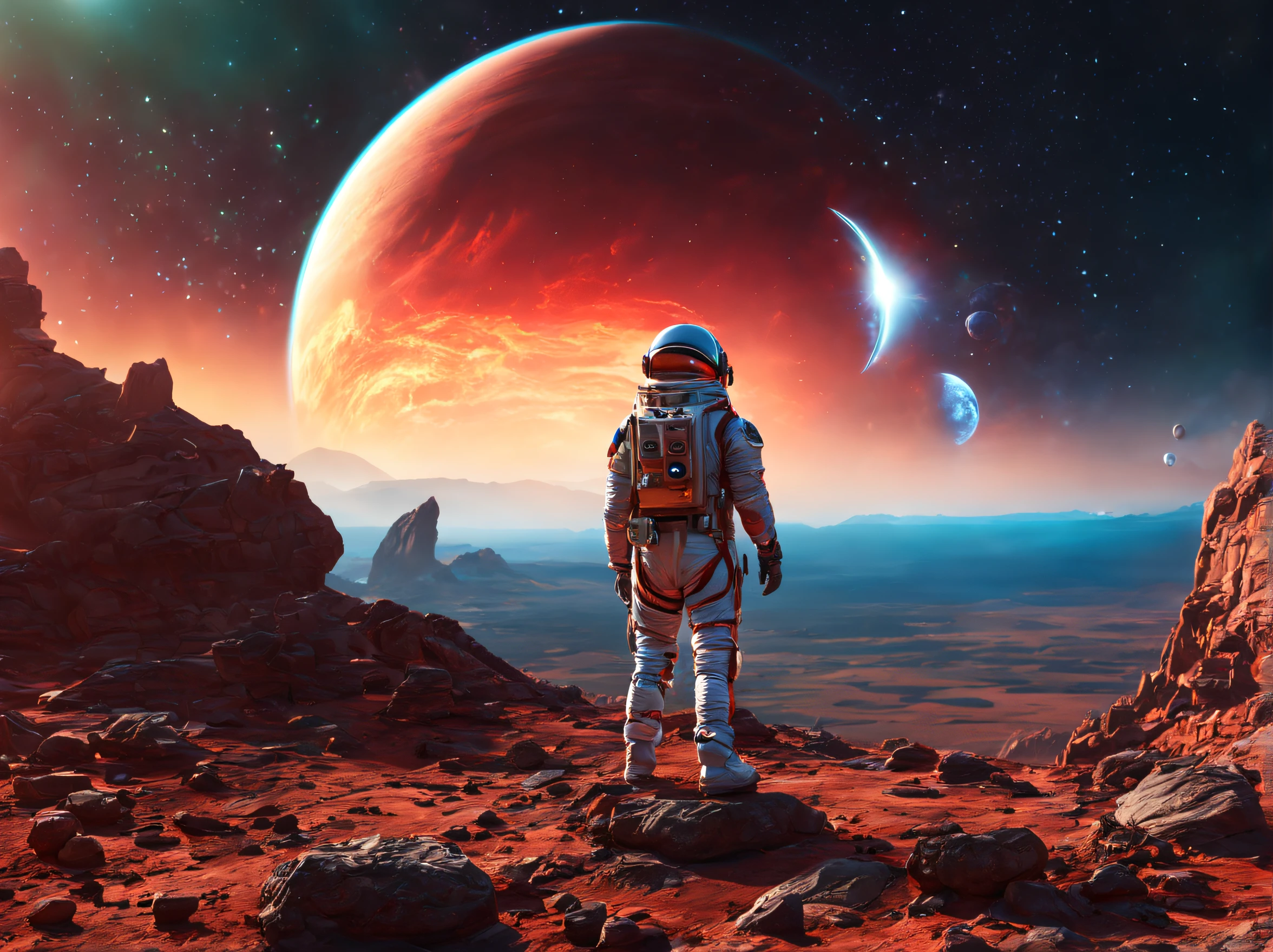 (best quality,4k,8k,highres,masterpiece:1.2),ultra-detailed,(realistic,photorealistic,photo-realistic:1.37), standing on a rocky planet, planet with rings in the sky, space suit, vibrant colors, surreal lighting, futuristic landscapes