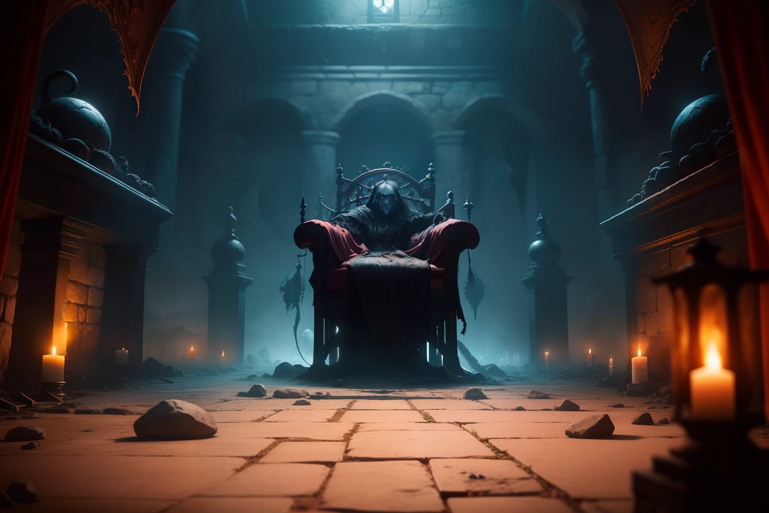 Imagine a dark and mysterious setting in the dungeon of the royal castle, onde os restos mortais dos Beholders aberrantes repousam. Essas criaturas, Once Terrible, Now they're just a glimpse of your old horror.
The remains of the Beholders are scattered on the floor of the dungeon, Like vestiges of a dark age. Each of these corpses is a perversion of form, with eyes that still contain traces of sewn-together human arms and tentacles that twist grotesquely. Os ossos humanos que os cercam permanecem um lembrete macabro de sua natureza distorcida, com afiado, ventilated teeth emerging from the eyelids, agora sem vida.
Apesar de sua morte, The remains of the spectators still display an expression of madness and insanity, as if the curse that plagued them persisted in their cadaverous forms.
The dungeon environment is a fantasy setting, where the shadows dance on the ancient stone walls and the air is impregnated with an ancestral mystery. The remains of the Beholders serve as an ominous reminder of the dark forces that once ruled the royal castle.
Use this prompt to create a more detailed and vivid description of the remains of the aberrant Beholders in a fantasy setting in the dungeon of the royal castle, where the atmosphere is charged with tension and magic.