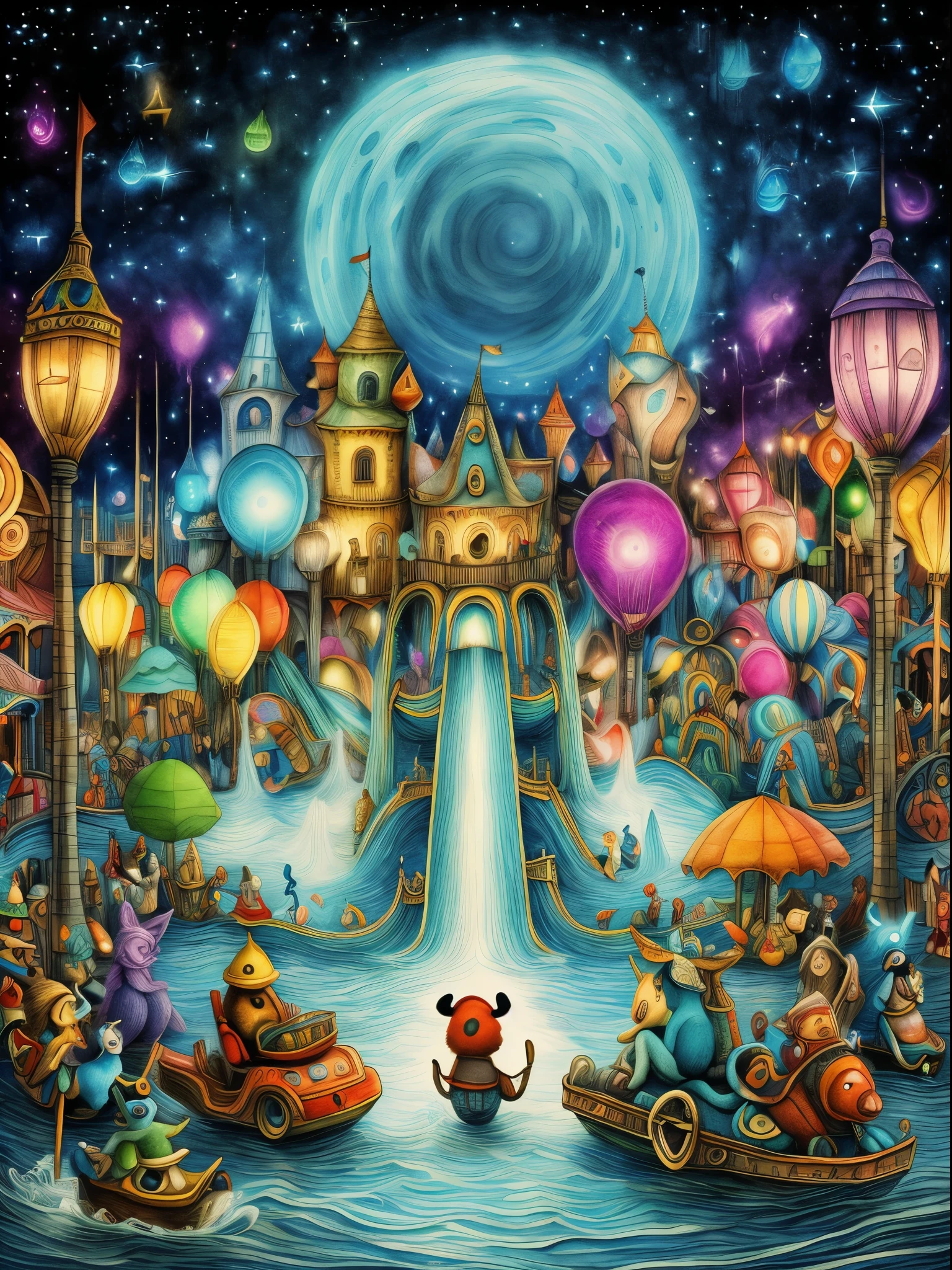 (Best quality, 8K, A high resolution, tmasterpiece:1.2), ultra - detailed, (actual, realistically:1.37), vibrant with colors, Magical atmosphere, Whimsical, ((disney pirate theme park, pirates of the caribbean,fountain and carousel, Lively Pirate Town Park, Beautiful fairy neon colors, Medieval Fantasy Town Theme Park, Magical neon colors and atmosphere, concept art magical highlight, magical concept art, Fantasy style, Magical fantasy,The content is very detailed, disney theme park, magical colors and atmosphere, An amusement park, roller coasters, pirate ships, bumper cars, he Ferris wheel, waterpark)), Surreal, Psychedelic, Complicated details, Beautiful texture, Ethereal, like a dream, Soft glowing light, Charming Patterns, Fantasy creatures, Hidden surprises, dreamlike landscapes, Surreal color palette, Mystic aura, ultra-realistic realism, Enchanting journey, psychedelic trip, vivid imagination, immersive experience, mysterious creature, otherworldly charm, glowing paths, Light up the Magic Theme Park, surreal sky, Whimsical theme park, a magical encounter,Fascinating artwork