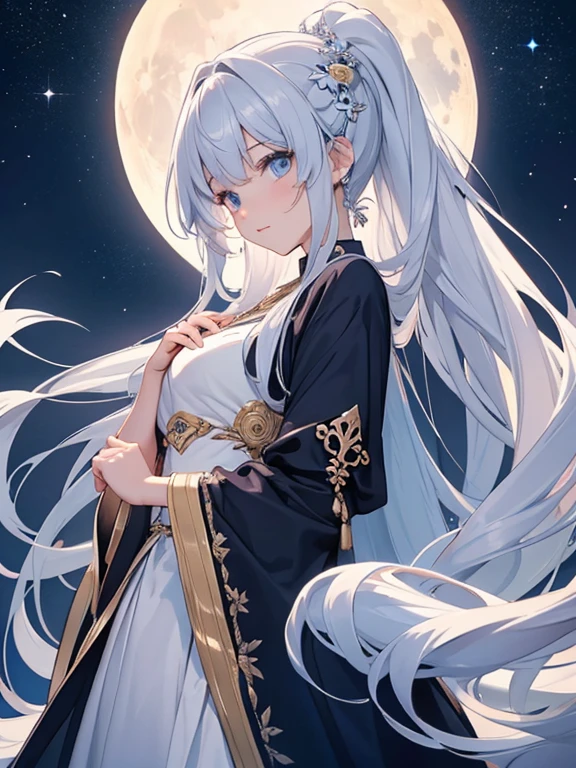 (Beautiful Girl:1.3),  Cute Girl,
BREAK, design a moon goddess, Dressed in the image of the moon, And the connection with the night sky.
BREAK, Create panoramic images, Capture the big picture、Exhibit vast landscapes and cityscapes.optimal ratio of four fingers and one thumb, ((Silky long hair))