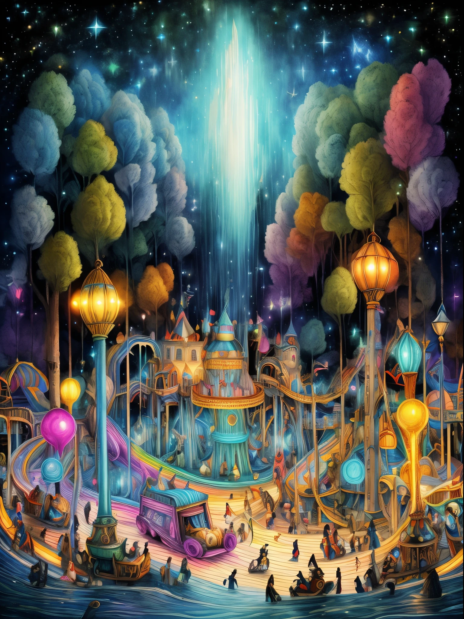 (Best quality, 8K, A high resolution, tmasterpiece:1.2), ultra - detailed, (actual, realistically:1.37), vibrant with colors, Magical atmosphere, Whimsical, ((disney pirate theme park, pirates of the caribbean,fountain and carousel, Lively Pirate Town Park, Beautiful fairy neon colors, Medieval Fantasy Town Theme Park, Magical neon colors and atmosphere, concept art magical highlight, magical concept art, Fantasy style, Magical fantasy,The content is very detailed, disney theme park, magical colors and atmosphere, An amusement park, roller coasters, pirate ships, bumper cars, he Ferris wheel, waterpark)), Surreal, Psychedelic, Complicated details, Beautiful texture, Ethereal, like a dream, Soft glowing light, Charming Patterns, Fantasy creatures, Hidden surprises, dreamlike landscapes, Surreal color palette, Mystic aura, ultra-realistic realism, Enchanting journey, psychedelic trip, vivid imagination, immersive experience, mysterious creature, otherworldly charm, glowing paths, Light up the Magic Theme Park, surreal sky, Whimsical theme park, a magical encounter,Fascinating artwork