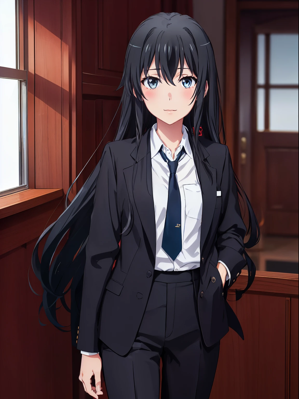 1GIRL , ,yukinoshita yukino ,yukinoshita yukino , woman in formal attractive suit tuxedo tailcoat standing in a large alcove in the room, 1girl, solo, necktie, black hair, blue eyes, long hair, smile, jacket, looking at viewer, shirt, pants, blue necktie, collared shirt, white pants, white shirt, indoors, bangs, long sleeves, closed mouth, window, black jacket, blush, cowboy shot, formal, suit