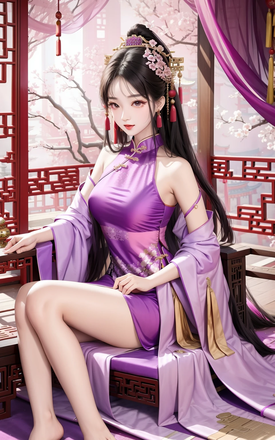 exposed bare shoulders,purple chinese dress,beuaty girl,asian architecture interior,Chaise sofa,Pink curtains,extravagant furnishings,palaces,Summer palace,carpets,