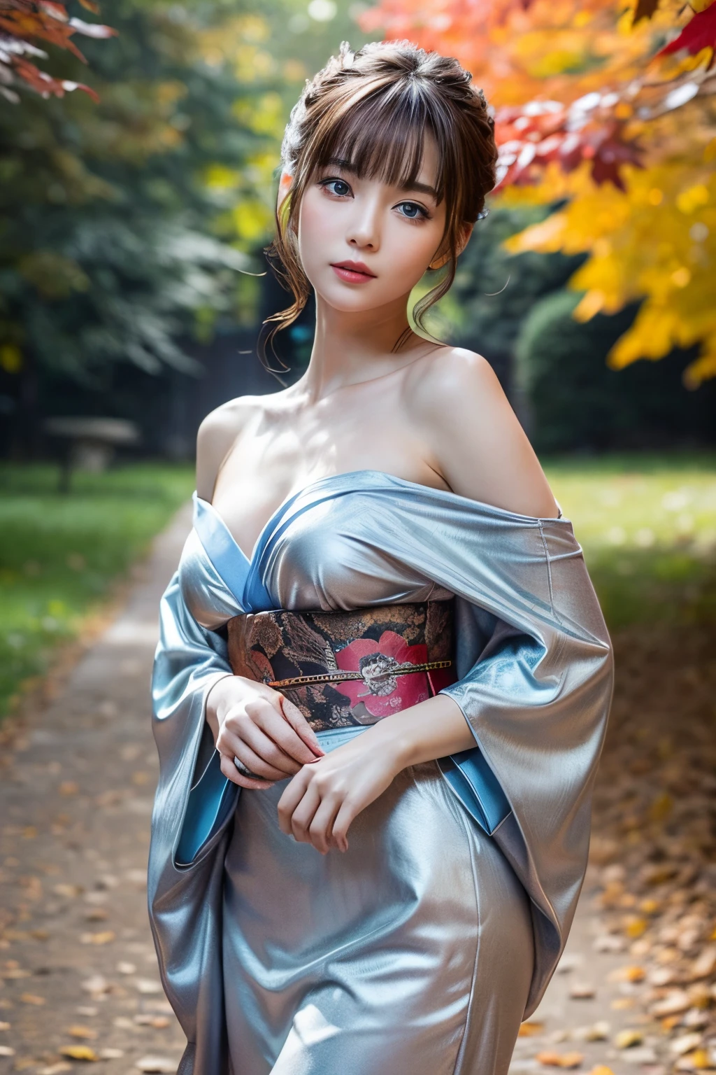 (masutepiece:1.3, Photorealsitic:1.4, 8K), top-quality, masterpiece, 超A high resolution, Professional camera work, Grow Light Effect, Realistic portrait, Cinematic Light, Highly detailed skin and facial texture:1.3, Perfect dynamic composition, The ultra-detailliert, A detailed eye, Detailed limbs, autumn night, Lit up, Autumn foliage scenery:1.2, 1girl in, Cute sexy 24 year old slim woman, Fair skin, Autumn leaves are dancing:1.2, (Enraptured look:0.9, Totally captivates you:1.0), (Silver kimono:1.35 off shoulder), (voluptuous breasts:0.9), (Backshots, Calm pose), (Beautiful blue eyes, Eyes that feel beautiful eros:0.85), Sexy face:0.4, (A mouthfeel that feels beautiful eros:0.85), ((Too cute beauty:0.9))