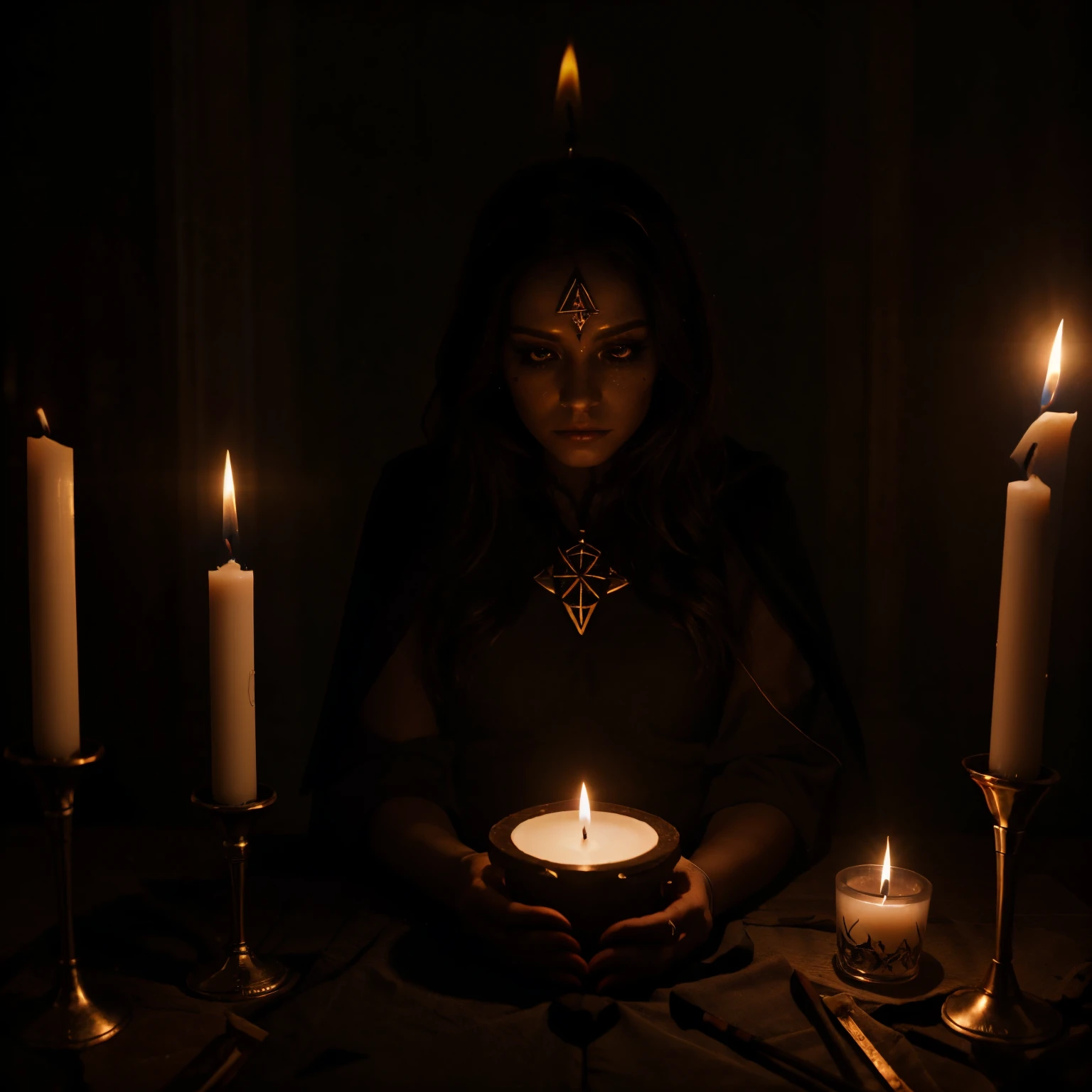 fine art photography. Faceless figures. eye shadow. Magic altar. candle lights. Magic symbols. terror. Dark ritual.