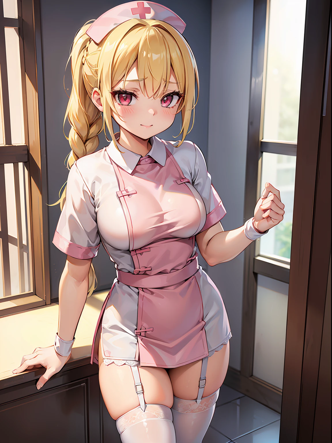 (RAW Photos, Best Quality), (animesque: 1.2), (Sharp facial features), (smaller face: 1), 1人の女性, Beautiful, (High Detail Skin: 1.2), (drooing eyes), (Red eyes), Seductive smile, 鎖骨, cute face, Beautiful eyes, long eyelashes, ((Perfect fingers)), Clean hands, ((blonde braided ponytail)), ((Pink nurse clothes:1.2, white garter stockings)), (((Beautiful breasts))), Background of the examination room, Soft lighting, High quality, Professional Lighting, Photon mapping, Physically Based Rendering, Perfect limbs, Perfect Anatomy, tre anatomically correct,