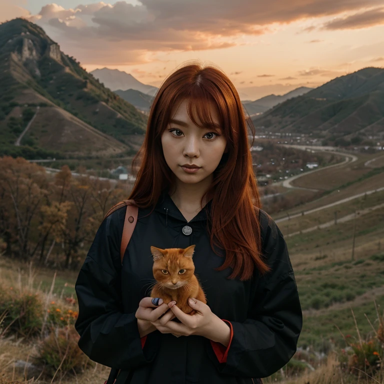 Red-haired Korean woman dressed as a cat woman holding a small orange cat in her hands, behind is a huge landscape with red clouds. Her eyes are slanted and her hair is Orange.