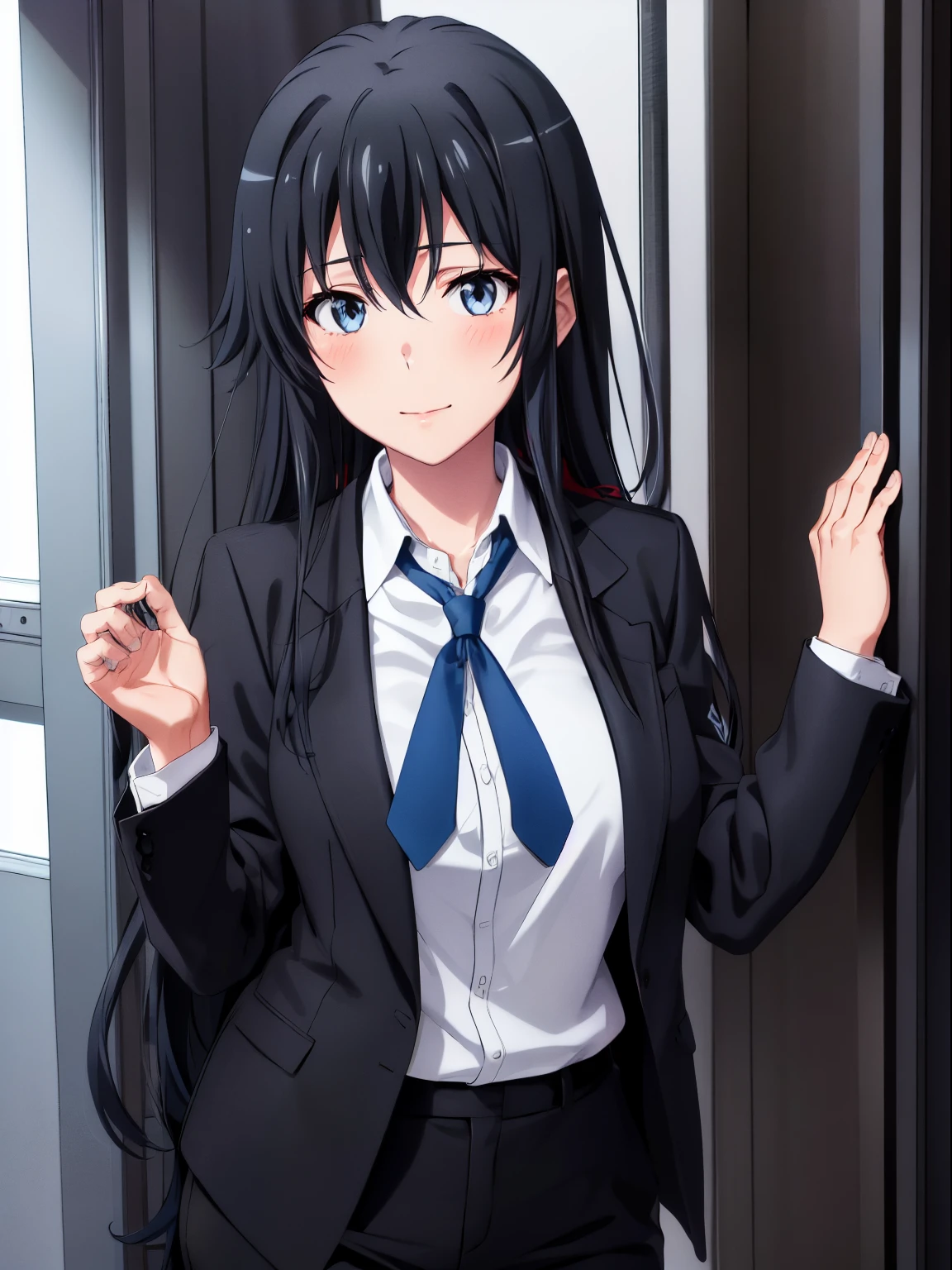 1GIRL , ,yukinoshita yukino ,yukinoshita yukino , woman in formal attractive suit tuxedo tailcoat standing in a large alcove in the room, 1girl, solo, necktie, black hair, blue eyes, long hair, smile, jacket, looking at viewer, shirt, pants, blue necktie, collared shirt, white pants, white shirt, indoors, bangs, long sleeves, closed mouth, window, black jacket, blush, cowboy shot, formal, suit
