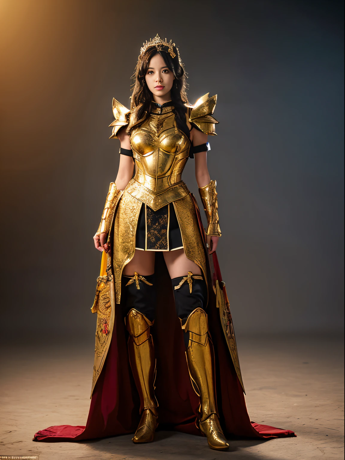 high-definition picture,masutepiece,Fighting Princess，Full-body high-definition images, Exquisite, Black Haired Beautiful Girl, The face has very beautiful details,Beautiful woman wearing golden armor and riding a horse，wear red clothes under armor,full body Esbian, Beautiful and detailed halo, Detailed Lighting, detailed water, (Beautiful and detailed eyes: 1.1), deadpan, battle field,From a little far away