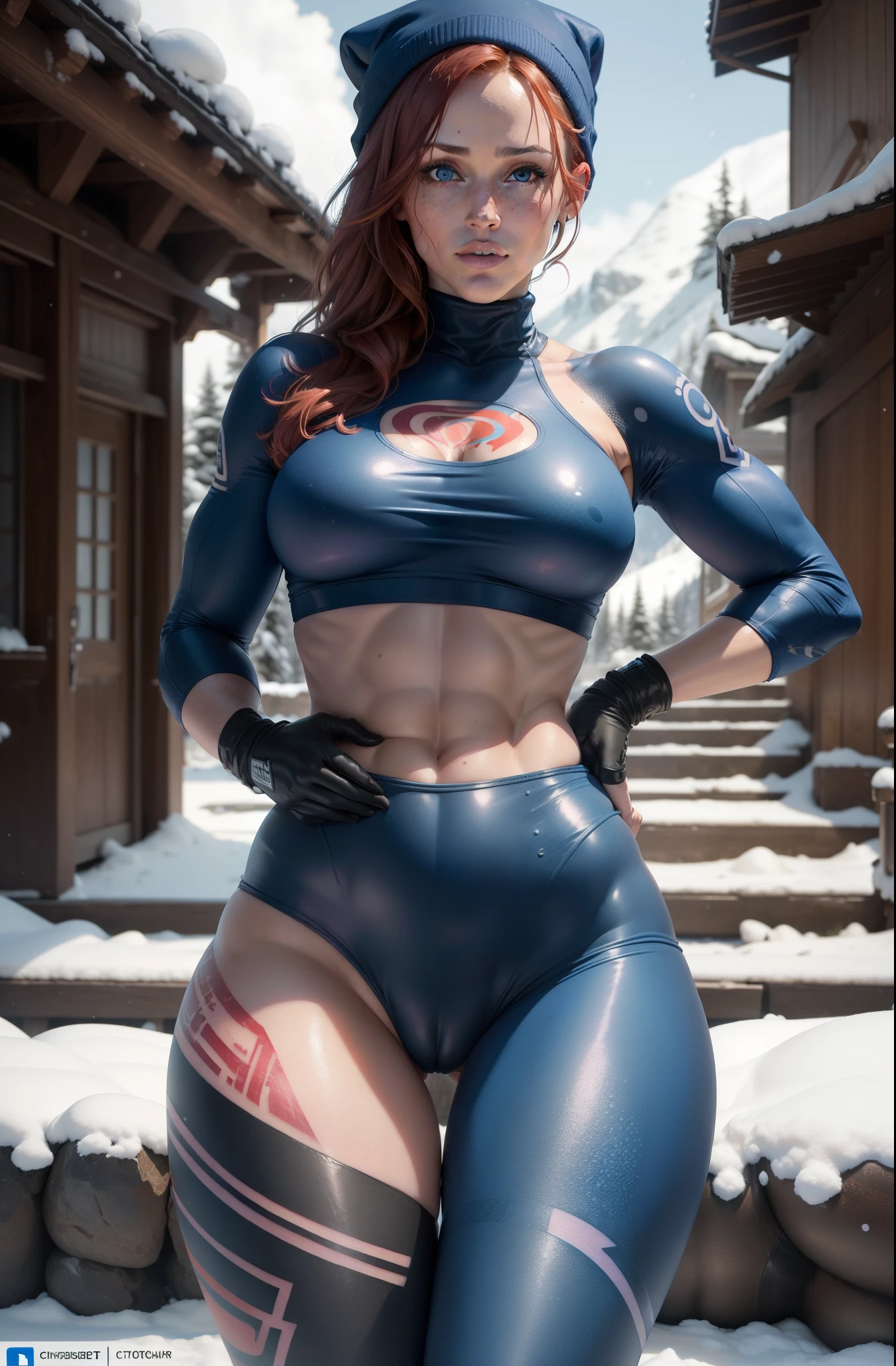 ((Jennifer Garner from Alias TV series)),  Raw, Analog, Nikon Z6, Award winning action photograph of looks like Jennifer Garner wearing , red hair, skintight ((leggings)) a skintight white crop top, ((exposed midriff)), ((((rear view)))), ((((ass to the camera)))), ((((butt to the camera)))), freckles, ski cap standing on a snowy mountain, snow flakes falling, people skiing in background 18 years old, (short red hair), green eyes, small perky breasts, ((chiseled abs)), athletic, thin, skinny, petite, [blue eyes], wet hair, wet skin, large breasts, big breasts intricate detail, highres, detailed facial features, high detail, sharp focus, smooth, aesthetic, extremely detailed, stamp, octane render, puffy , (pronounced pubis), ((cameltoe:1.3)), octane render, photo_\(ultra\), photorealistic, realistic, post-processing, max detail, roughness, real life, ultra realistic, photorealism, photography, 8k uhd, photography, SEMI-SILHOUETTE light, octane render, freckles, trending on instagram, espn, sports illustrated, ((((cobalt blue eyes)))), ((((colorful tatoos))))
