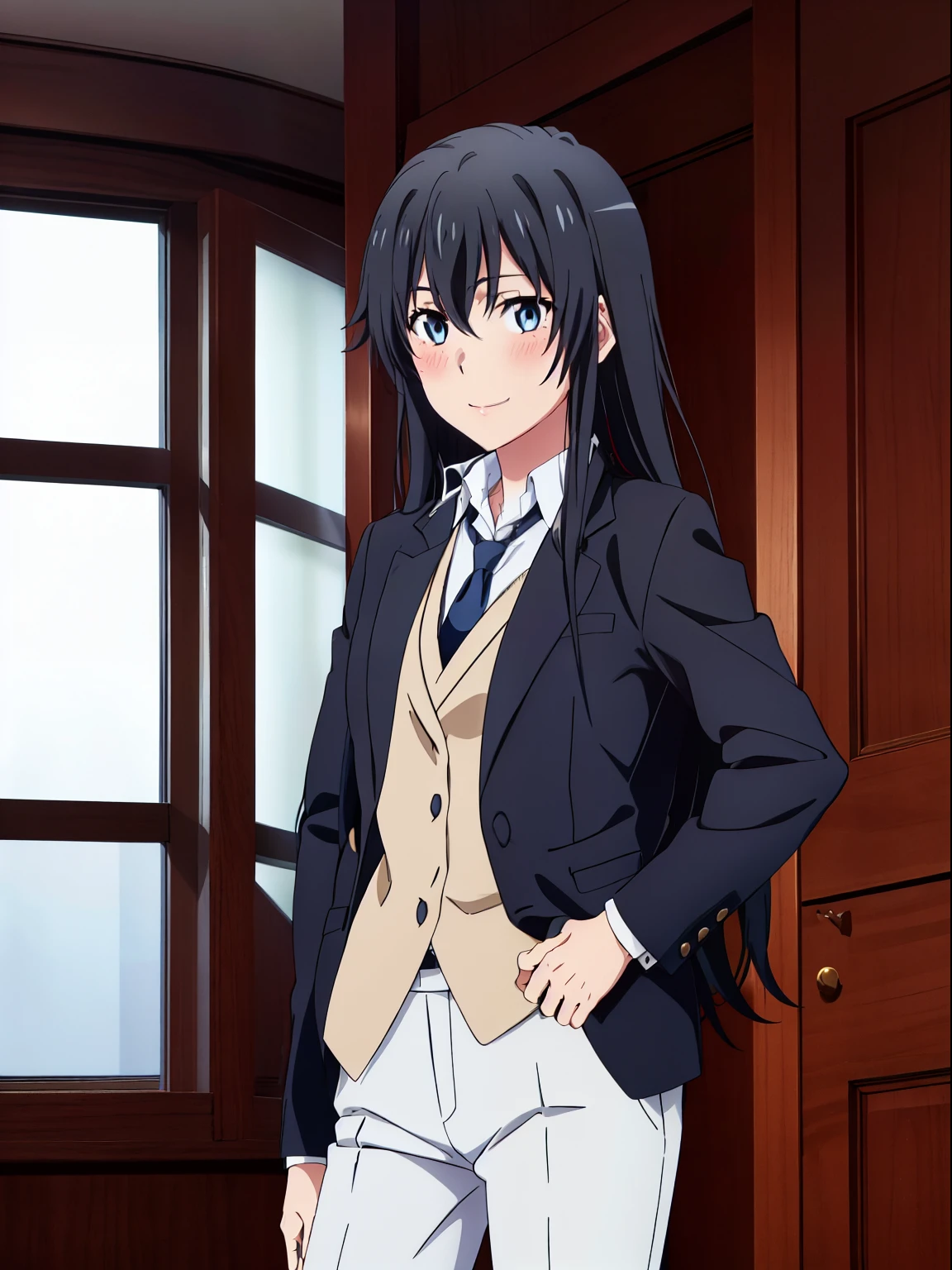 1GIRL , ,yukinoshita yukino ,yukinoshita yukino , woman in formal attractive suit tuxedo tailcoat standing in a large alcove in the room, 1girl, solo, necktie, black hair, blue eyes, long hair, smile, jacket, looking at viewer, shirt, pants, blue necktie, collared shirt, white pants, white shirt, indoors, bangs, long sleeves, closed mouth, window, black jacket, blush, cowboy shot, formal, suit