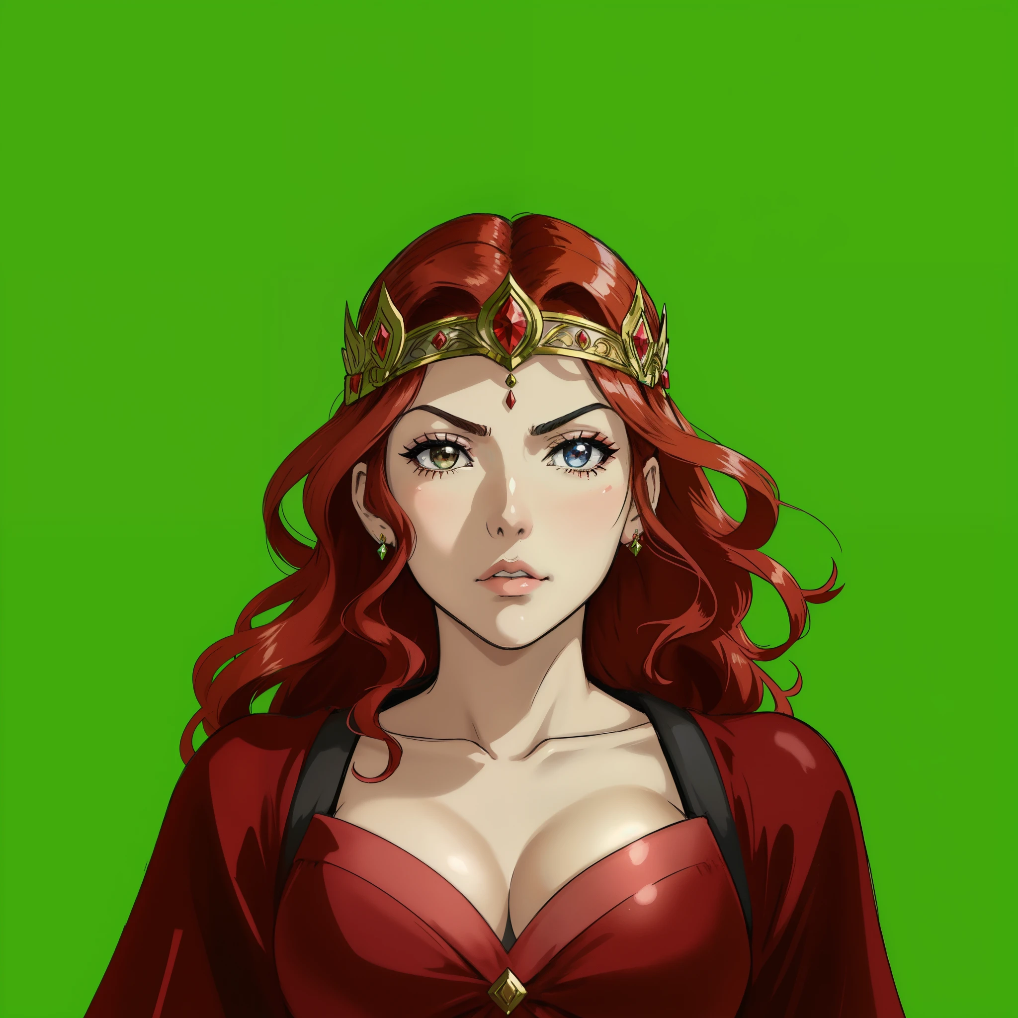 (( arte estilo anime)), a close-up of a beautiful woman with a crown on her head, Retrato de uma rainha ????, Estilo de arte de anime,  linda Rainha ruiva em armadura vermelha pesada, a magnificent queen, retrato do characture da fantasia, Retrato de Darna Moderna, usando uma coroa e capa vermelha, Retrato de Megan Fox como uma rainha, Estilo fantasia Graphic Novel, fantasy rpg symmetrical portrait, portrait of princess merida, rainha elfa, (( arte estilo anime )), Mushoku Tensei. (( serious face)), boca fechada