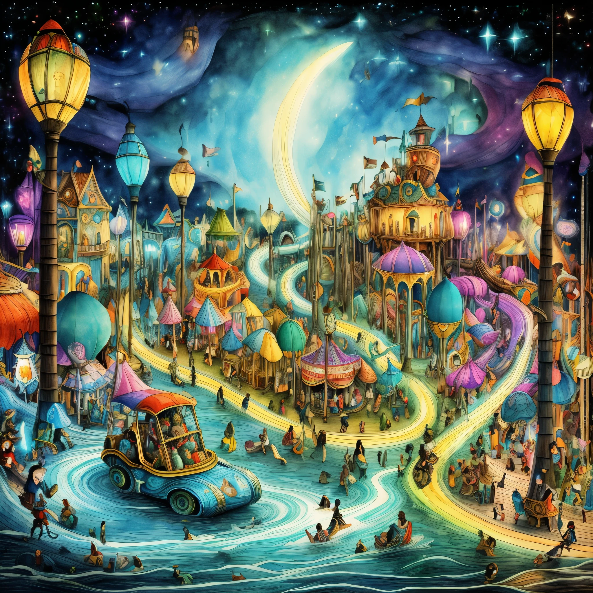 (Best quality, 8K, A high resolution, tmasterpiece:1.2), ultra - detailed, (actual, realistically, realistically:1.37), Vibrant colors, Magical atmosphere, Whimsical, ((disney pirate theme park, pirates of the caribbean，fountain and carousel, Lively Pirate Town Park, Beautiful fairy neon colors, Medieval Fantasy Town Theme Park, Magical neon colors and atmosphere, concept art magical highlight, magical concept art, Fantasy style, Magical fantasy，The content is very detailed, disney theme park, magical colors and atmosphere, An amusement park, roller coasters, pirate ships, bumper cars, he Ferris wheel, waterpark)), Surreal, Psychedelic, Complicated details, Beautiful texture, Ethereal, like a dream, Soft glowing light, Charming Patterns, Fantasy creatures, Hidden surprises, dreamlike landscapes, Surreal color palette, Mystic aura, ultra-realistic realism, Enchanting journey, psychedelic trip, vivid imagination, immersive experience, mysterious creature, otherworldly charm, glowing paths, Light up the Magic Theme Park, surreal sky, Whimsical theme park, a magical encounter,Fascinating artwork