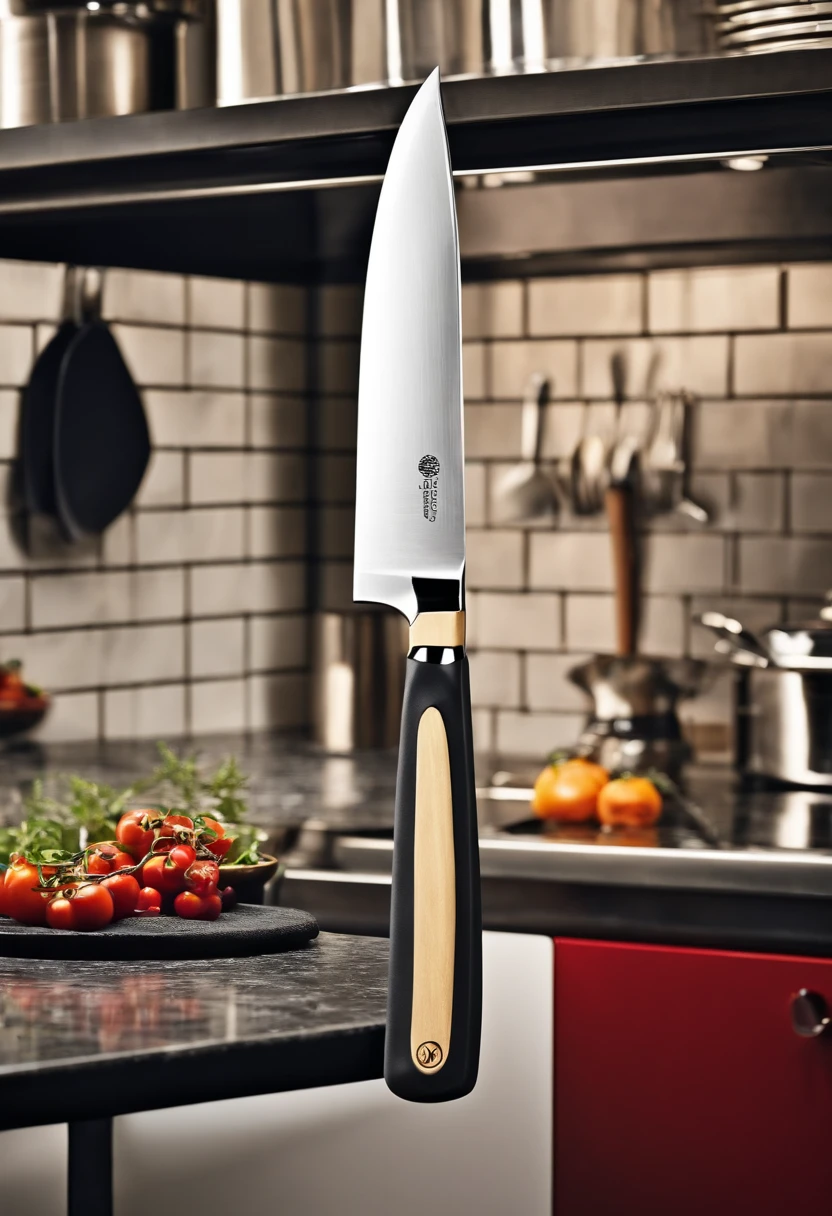 A close-up of a customized carbon fiber chef's knife,original,tall, muscular, well groomed with short stylish hair. always wearing designer business suits. looks like christian bale, male