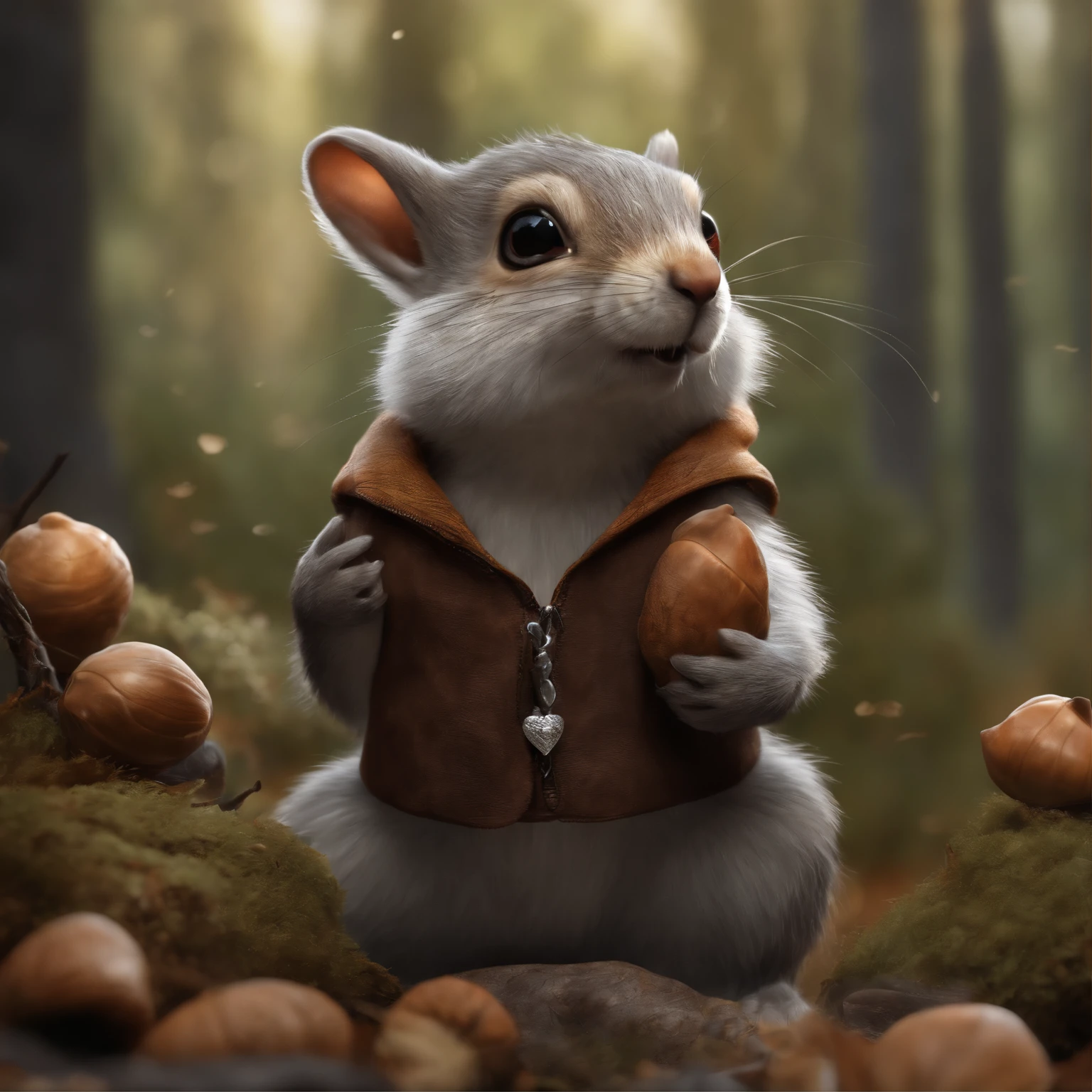 (CBZBB:1.25), ((gremlin),Zhkute, Small, baby, Beautiful, Fantasy art, deviant art, trending artstation, Digital Art, Detailed, Realistic, humanoid, character, tiny, Cinematic shot, Cinematic portrait of a fantastic fantasy squirrel , wear a vest with a hood, gremlin, squirrel-like , wear a vest with a hood, bright silver and sob, Big fluffy tail, Large tasseled ears, covered with silver fur, water, stands on the shore, Best Quality, Masterpiece, in style of dark fantasy art, gremlin, squirrel-like, bright silver and brown, Big fluffy tail, cute nose, huge ears with tassels, covered with silver fur, wear a brown vest, tousled, five toes on each paw, holding a huge acorn in his paws, I'm standing in a forest clearing under the foliage of bast., acorns lie in the clearing, acorns glow, Crickets fly, Best Quality, Masterpiece, in style of dark fantasy art, fantasy-inspired, in the style of John Tolkien,