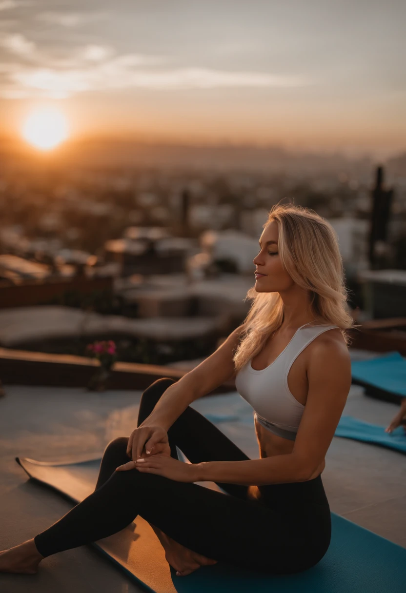 A photo of LA influencer chick enjoying a sunset yoga session on a rooftop in Hollywood.,original,She is blonde, young, beautiful, lives in Hollywood, and takes a selfie , female