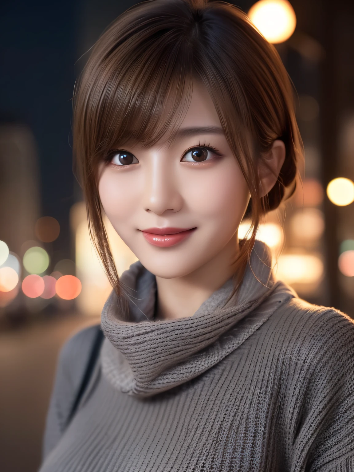 1 japanese girl,(Dark grey sweater:1.4),(wears a large muffler around his neck:1.2), (Raw photo, Best Quality), (Realistic, Photorealsitic:1.4), masutepiece, extremely delicate and beautiful, Extremely detailed, 8k wallpaper, amazing, finely detail, extremely detailed CG Unity, hight resolution, Soft light, Beautiful detailed 19 year old girl, extremely detailed eye and face, beautiful detailed nose, Beautiful detailed eyes,Cinematic lighting,city light at night,Perfect Anatomy,Slender body,Smiling  (hair messy, asymmetrical bangs, light brown hair,)