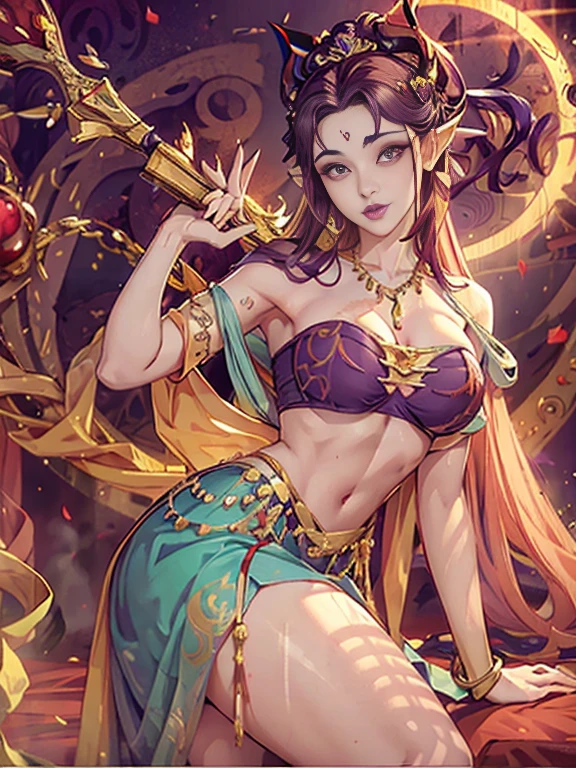 Uma Linda e sedutora mulher de pele vermelha, horns on head, purple lips, olhos carmesim, cabelos vermelhos longos sedosos, roupa hunfa estilizadamente sexy, middlebreasts, olhar arrogante, sentada em cima de almofadas da realeza, cena com luz acentuada e detalhada