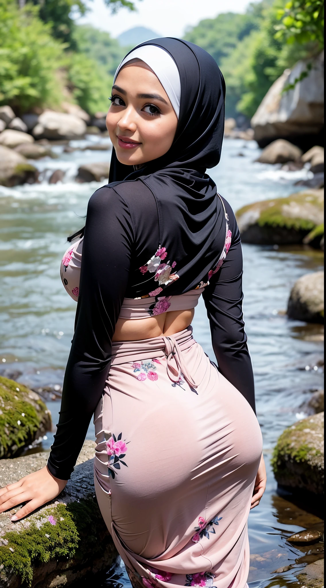 1 Malay girl, modern plain hijab, shy, medium portrait, watery eyes, RAW, Best quality, high resolution, masterpiece: 1.3), beautiful Malay woman in hijab (iu:0.8),big breast, perfect nose,perfect lips, perfect eyes, detail :1.2), soft smile, woman standing on rocky river bank with black and white striped top, thin waist and thick hips, beautiful malay woman, casual pose, beautiful face with arms and legs, wearing elegant casual clothes, attractive clothes, wearing beautiful baju kurung clothes small floral motif, cute beauty ,back, beautiful buttocks, beautiful buttocks, from behind, (looking at the audience, looking back, facial details, double eyelids, smiling)