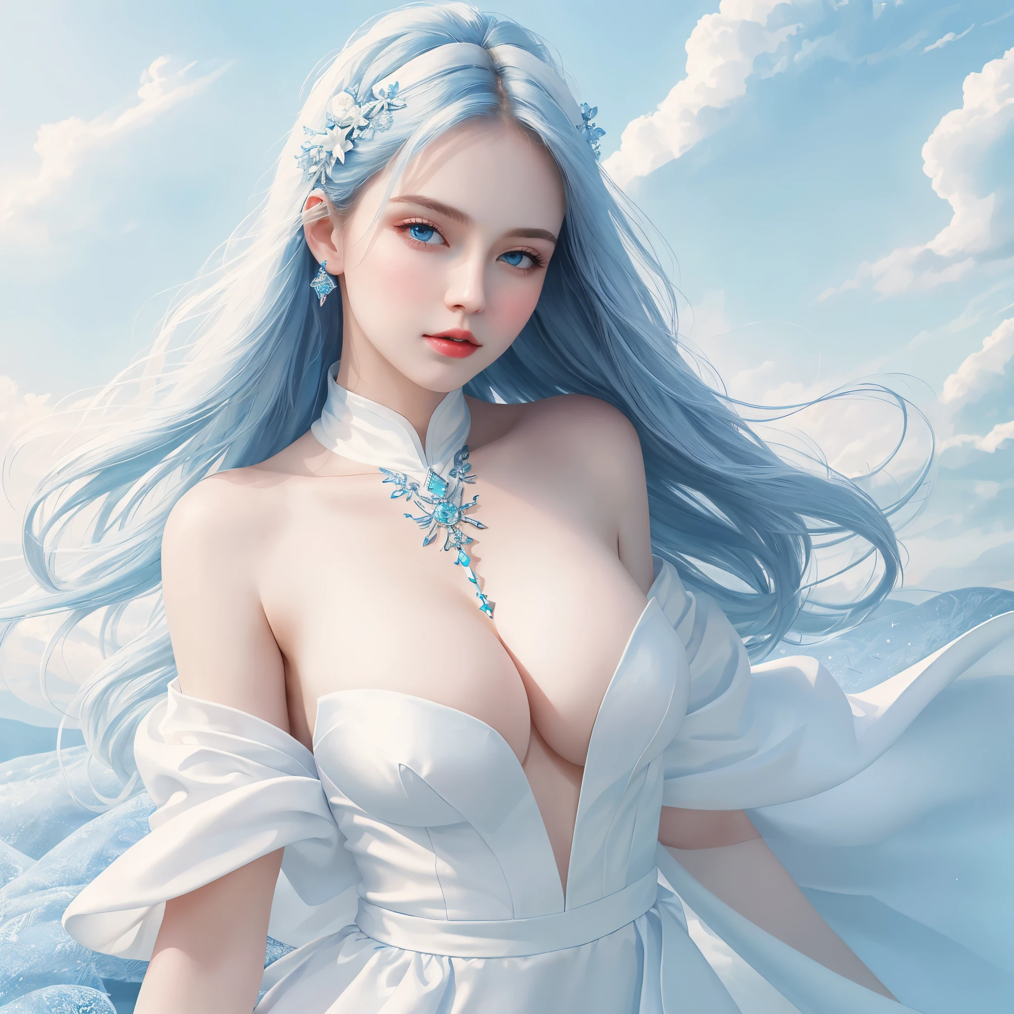 ((Masterpiece)), ((Best Quality)), 8K, HD, Super Detail,(full body: 0.8), 1 woman, sharp face, seductive body, big and round ???????, white skin, cold and arrogant blue eyes, her hair is light blue silk, sparkling blue and white outfit Representing the morning sky, there are cloud tattoos on the body