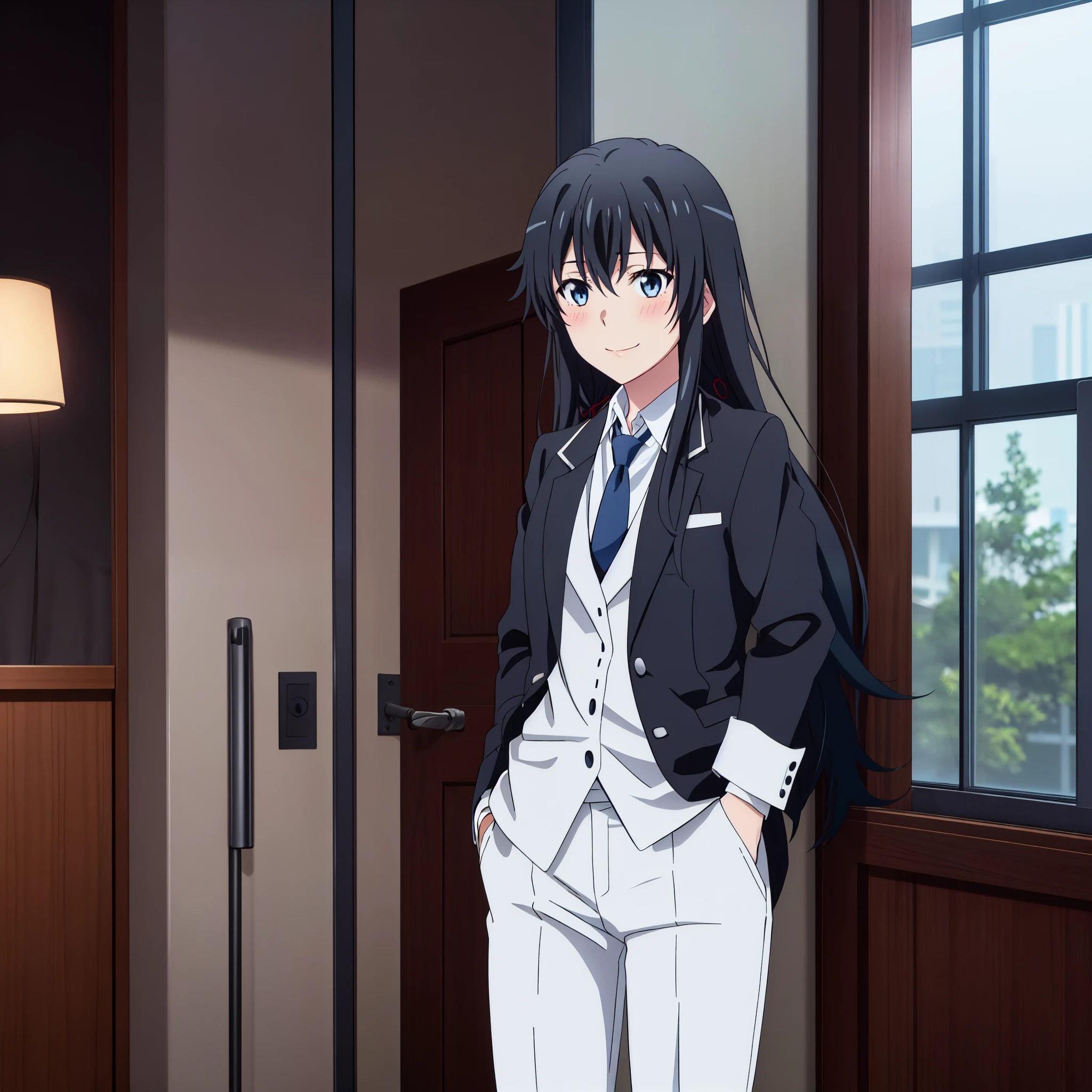 1GIRL , ,yukinoshita yukino ,yukinoshita yukino , woman in formal attractive suit tuxedo tailcoat standing in a large alcove in the room, 1girl, solo, necktie, black hair, blue eyes, long hair, smile, jacket, looking at viewer, shirt, pants, blue necktie, collared shirt, white pants, white shirt, indoors, bangs, long sleeves, closed mouth, window, black jacket, blush, cowboy shot, formal, suit
