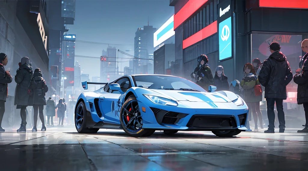 cyberpunk city, cblue neon, white sports car