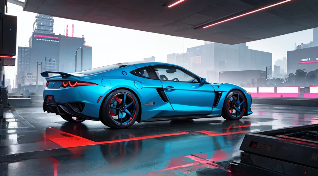 cyberpunk city, cblue neon, white sports car