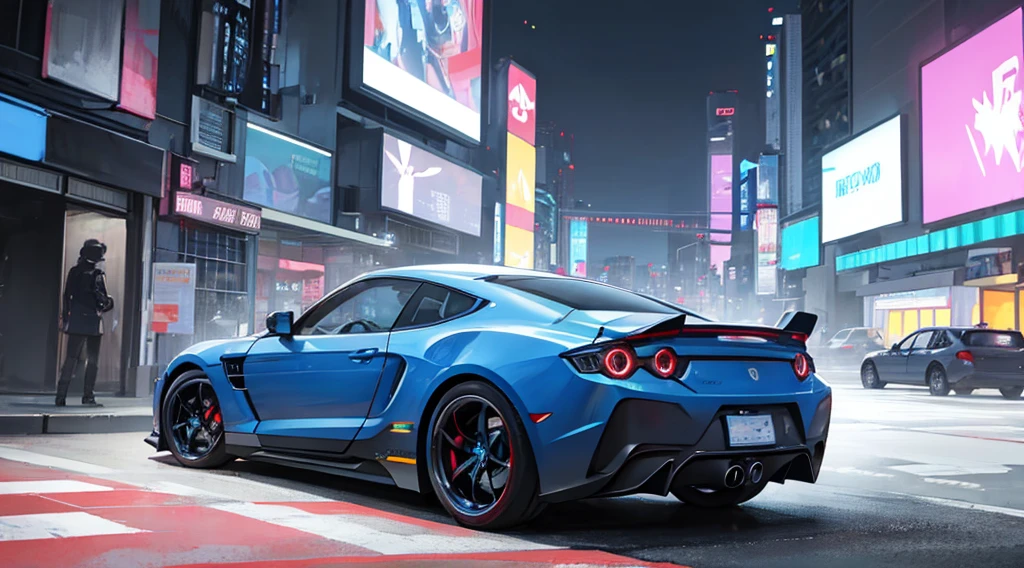 cyberpunk city, cblue neon, white sports car