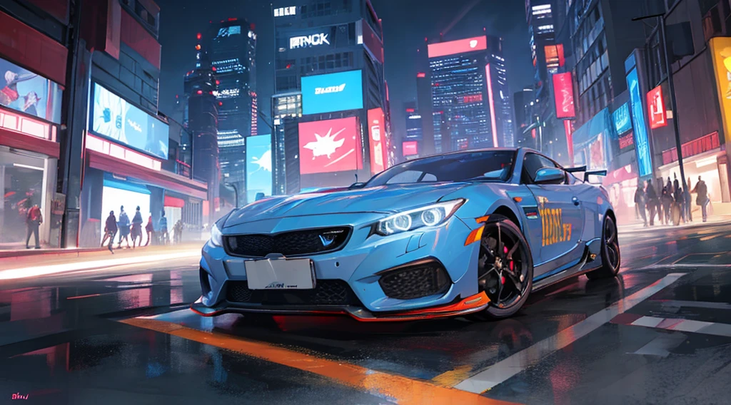 cyberpunk city, cblue neon, white sports car