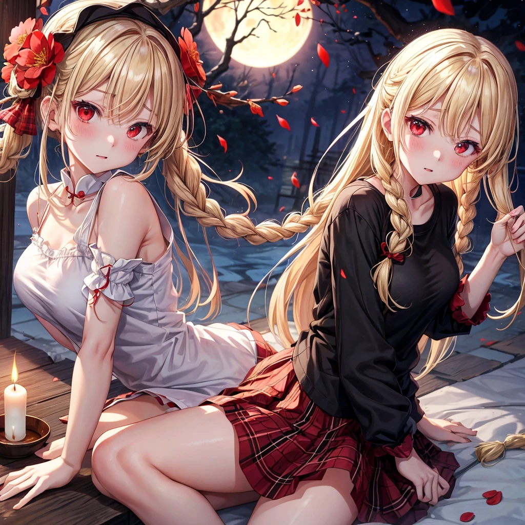 a blond、red eyes、Braids、one good looking girl、独奏、animesque、lightly dressed、Plaid miniskirt、flower petals、bare-legged、wetting hair、Black T-shirt、fullmoon、large tree、candle fire、fire flame
