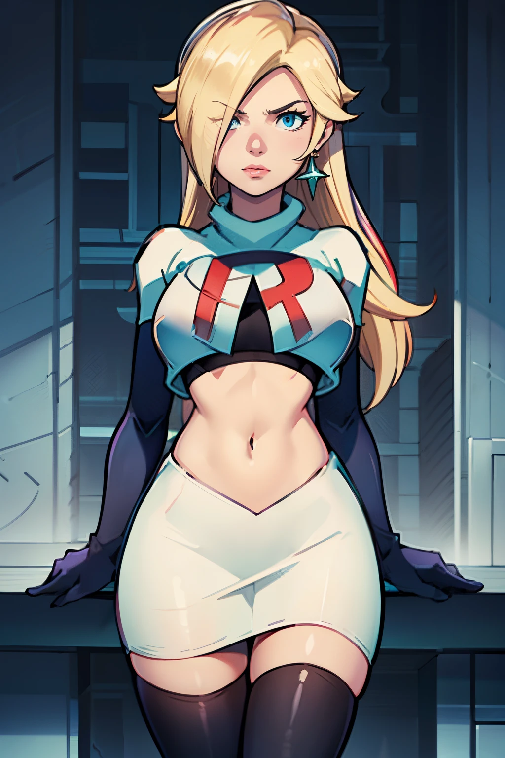 rosalina,team rocket,team rocket uniform, red letter R, white skirt,white crop top,black thigh-highs,black elbow gloves, arms crossed