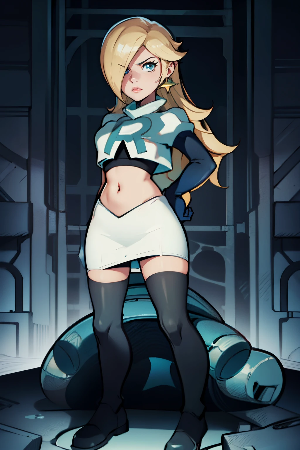 rosalina,team rocket,team rocket uniform, red letter R, white skirt,white crop top,black thigh-highs,black elbow gloves, arms crossed
