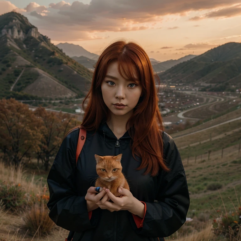 Red-haired Korean woman dressed as a catwoman holding a small orange cat in her hands, behind is a huge landscape with red clouds. Her eyes are slanted and her hair is orange. Her blue eyes, with a bikini that shows a little of her breasts.