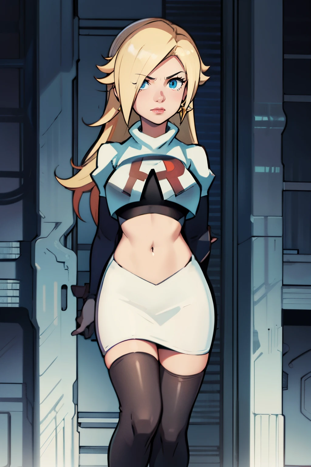 rosalina,team rocket,team rocket uniform, red letter R, white skirt,white crop top,black thigh-highs,black elbow gloves, arms crossed