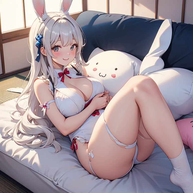 Cheerful bunny girl, see-through attire, white bunny, caring smile, reverse bunny, holding a huge stuffed toy, lie on back, on the japanese style futon,torn costume
