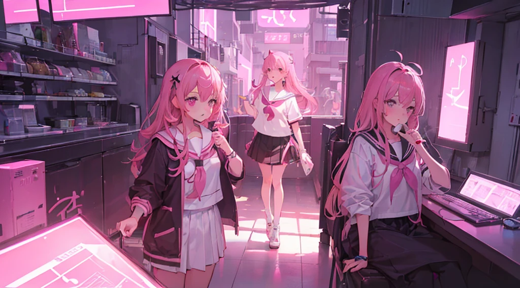 (3 girls, pink hair, pink eyes, sailor suit, kawaii, strategy meeting), (pink cyberpunk, room with big monitors, pink neon)