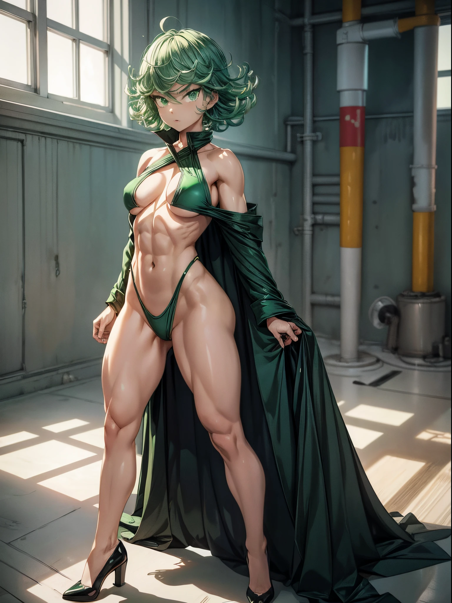 (((1 girl))), (Tatsumaki of a punch man), (short green hair), (((green eyes))), small chest, (((wearing bikini))), (full body view ), (no motel room), (((slender, muscular legs))), thin waist, stomach muscles, big ass, (((full body photo))), black high heel shoes, (showing her ass for me ), (((grumpy))), (HDR), eye flare, extended eyes, extended eyes, Moody, anime, minimalism, anime style, ray tracing, Cinematic lighting, Cinematic lighting, shine , shine, JPEG artifacts, bright light, god rays, ray tracing, drop shadow, panorama, Sony FE, from behind, Underneath, Underneath, UHD, master piece, precise, accurate, anatomically correct, Super Detail, high quality , best quality , very high, 16k