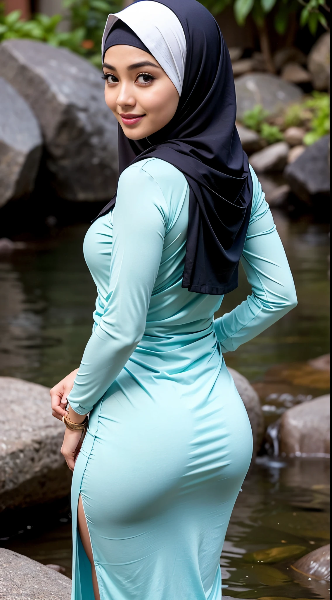 1 Malay girl, modern plain hijab, shy, medium portrait, watery eyes, RAW, Best quality, high resolution, masterpiece: 1.3), beautiful Malay woman in hijab (iu:0.8),big breast, perfect nose,perfect lips, perfect eyes, detail :1.2), soft smile, woman standing on rocky river bank with black and white striped top, thin waist and thick hips, beautiful malay woman, casual pose, beautiful face with arms and legs, wearing elegant casual clothes, attractive clothes, wearing beautiful baju kurung clothes small floral motif, cute beauty ,back, beautiful buttocks, beautiful buttocks, from behind, (looking at the audience, looking back, facial details, double eyelids, smiling)